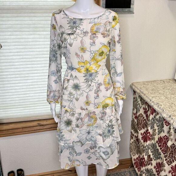 Cupcakes and Cashmere Floral Chiffon Tiered Lined Long Sleeve Midi Dress Size 4 - Picture 2 of 15